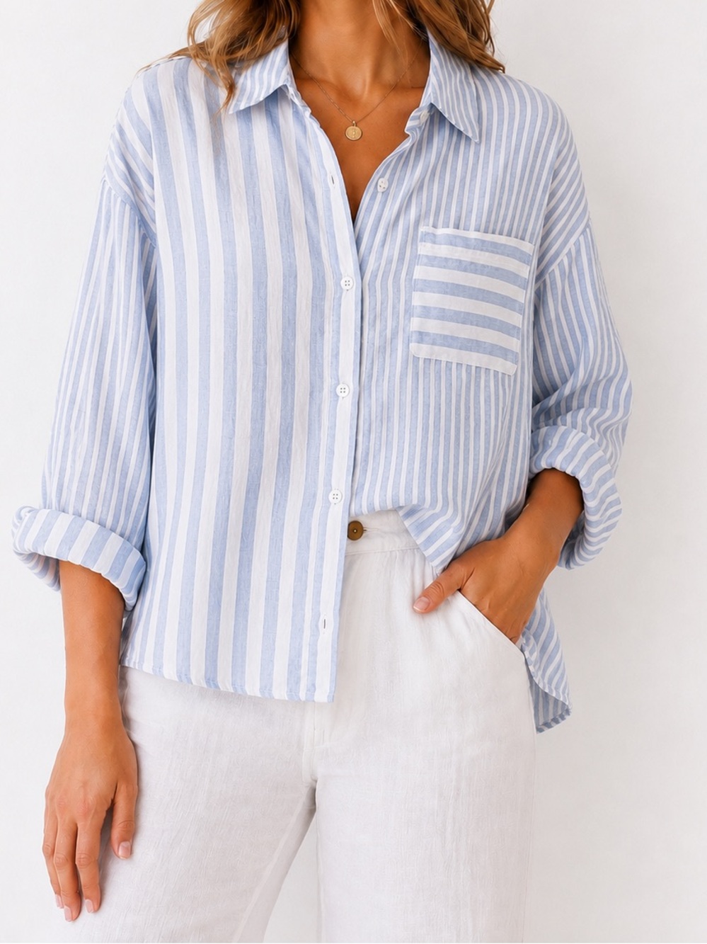 Nicole Miller NY 100% Linen Blue White Stripe Button Down Shirt XL Coastal
